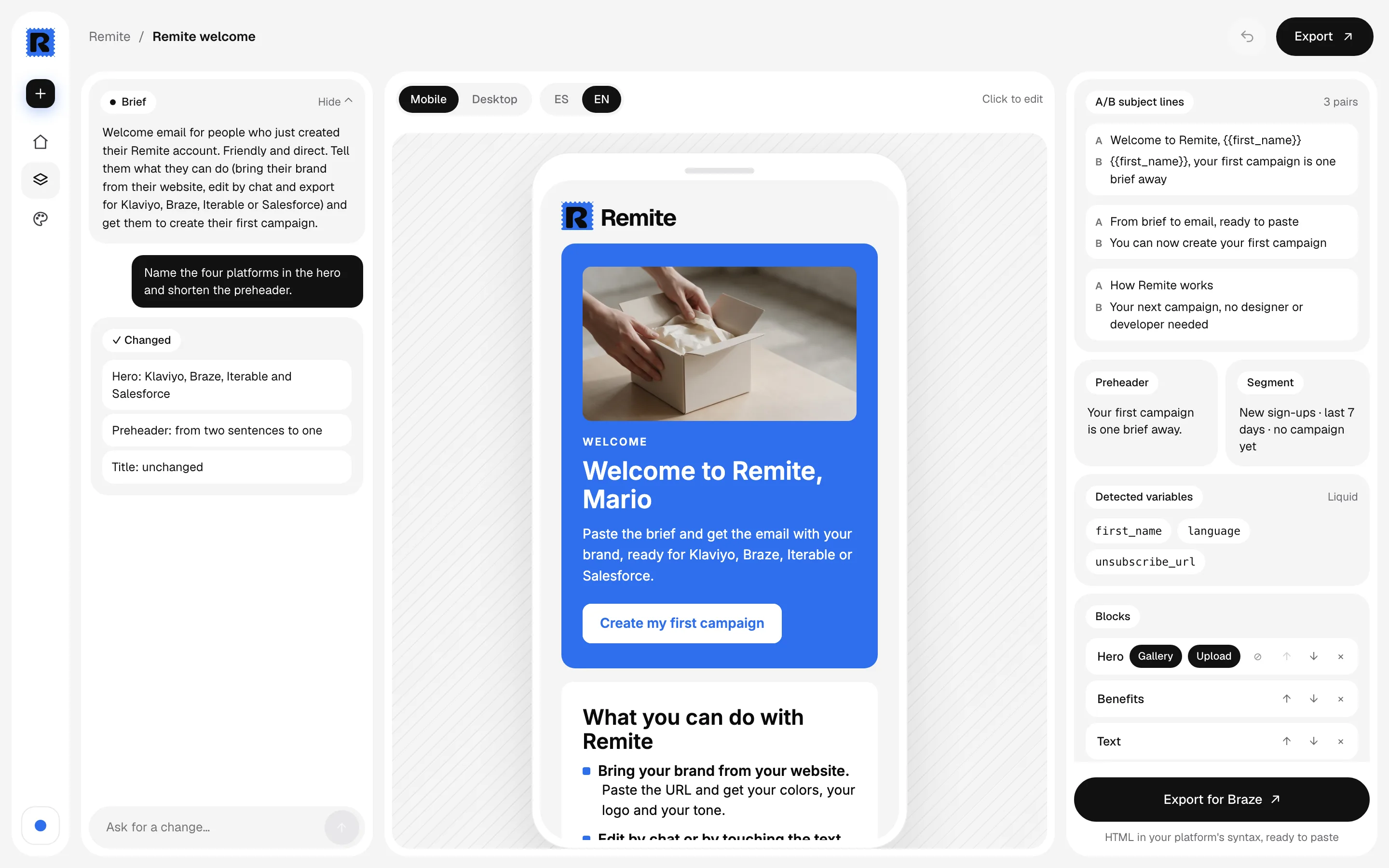 Remite: the workspace with the email on a phone, the edit chat and the subject lines