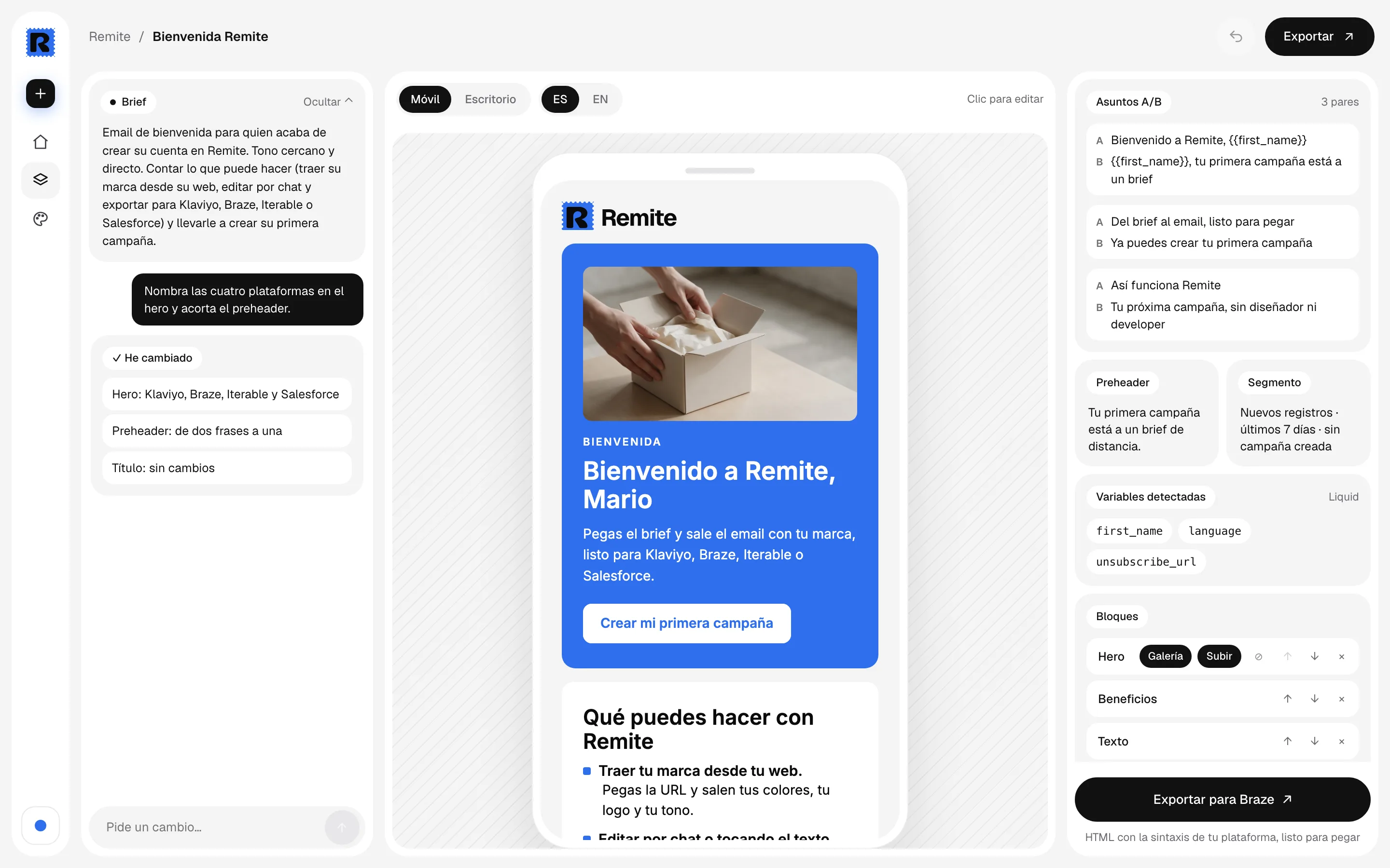 Remite: el espacio de trabajo con el email en un móvil, el chat de cambios y los asuntos